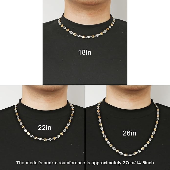 HZMAN Stainless Steel Necklace for Men Hip Hop Polished Coffee Bean Silver Men's Chain Necklace Jewelry Gift