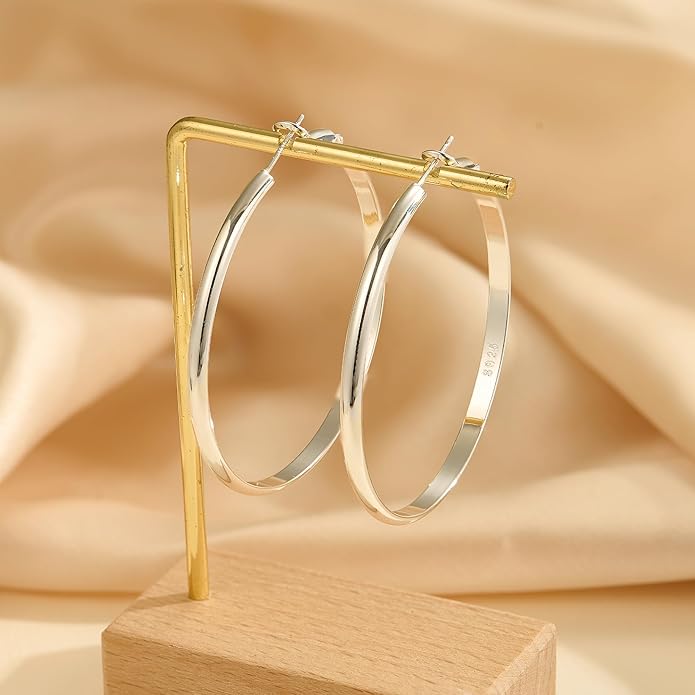EXGOX 5mm Wide Gold Hoop Earrings for Women,Sterling Silver Hoop Earrings Large Silver Hoop Earrings Hypoallergenic Lightweight 14K Real Gold Plated Big Hoop Earrings for Women 30/40/50/60/70mm