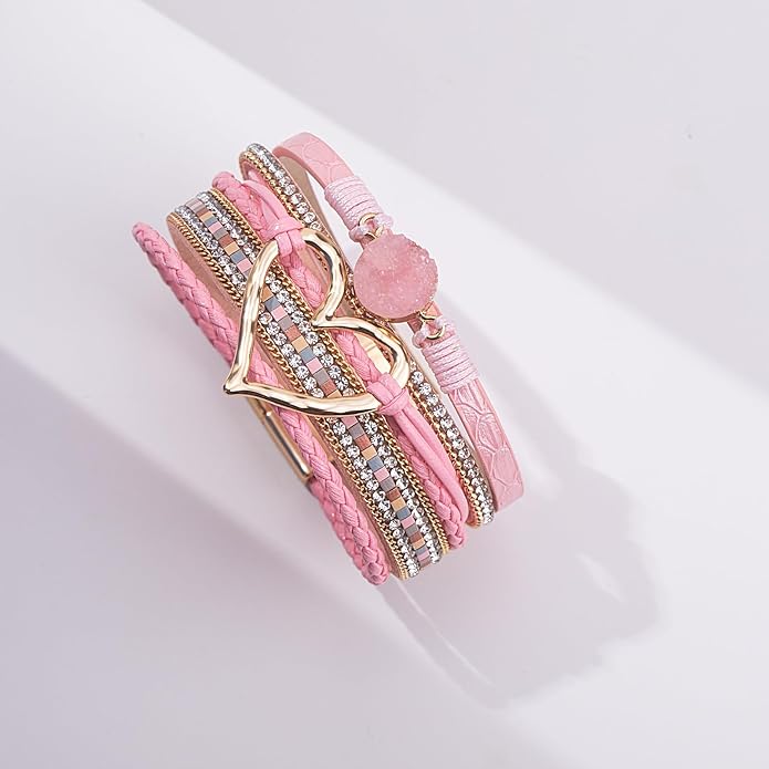 FANCY SHINY Heart Leather Wrap Bracelets Stackable Boho Cuff Bangles Trendy Resin Stone Rhinestone Bracelets with Magnetic Clasp for Women
