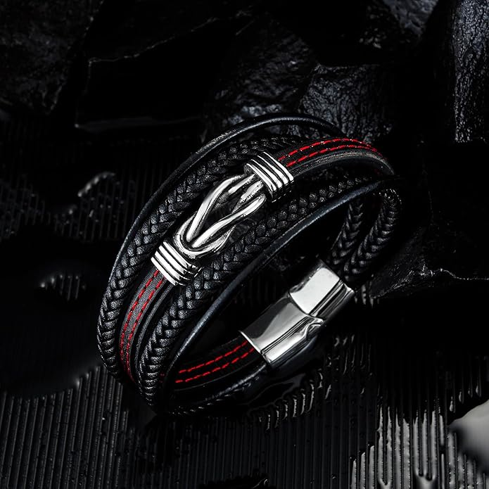 Italian Handmade Genuine Leather Bracelets for Men Stainless Steel Clip, Men's Casual Genuine Multi-layer Cuff Bracelet, Bracelet Gift for Real Men