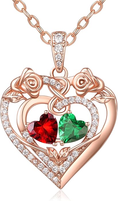 JIYVY32 Rose Heart Necklace for Women Exquisite 925 Sterling Silver Anniversary Birthday Gifts for Wife Mom Her Double Birthstone Pendant Jewelry