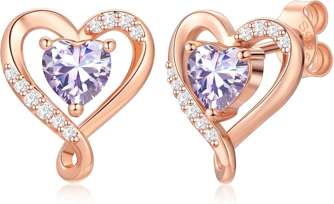 Earrings for Women, S925 Sterling Silver Rose Gold Birthstone Heart Studs Earring for Girlfriend Wife, Anniversary Birthday Christmas Valentines Mothers Day Gifts Jewelry for Women Wife Her Mom