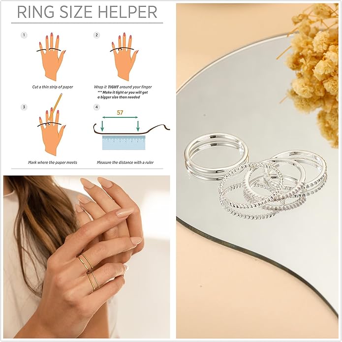Lunvky Gold Silver Stackable Rings for Women Non Tarnish 1.3mm Thin Silver Rings Set 14K Gold Plated Dainty Trendy Band Stacking Thumb Ring Jewelry Valentine Gifts Stuff Size 5-10