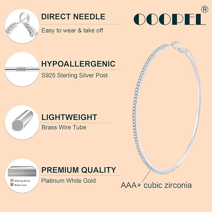 925 Sterling Silver Earrings Large Rhinestone Hoop Earrings Big Cubic Zirconia Hoop Earrings Thin Rhinestones Round Hoop Earrings for Women 20/30/40/50/60/70mm Sparkly Hoops With Crystals for Womens