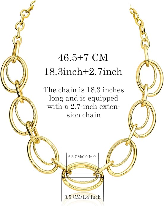 Chunky Gold Necklace for Women: 14k Gold Plated Loop Chain Link Statement Choker Necklace for Women - Chunky Fashion Pendant Jewelry