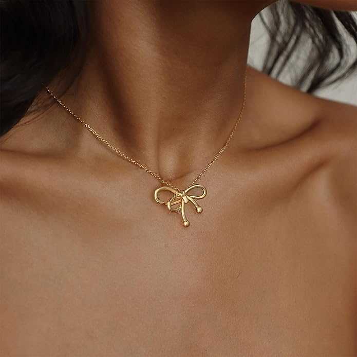 Dainty Gold Butterfly Bow Necklace for Women,18k Gold Plated Choker Necklaces for Women Waterproof & Daily & Simple, Gold Jewelry for Women