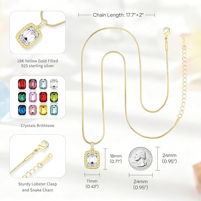 Valentine's Day Gifts for Her-18K Gold Plated Dainty Square Crystal Birthstone Necklace,Gold Jewelry for Women,Anniversary Birthday Gifts for Women Her Wife Girlfriend Mom Womens Necklace Jewelry