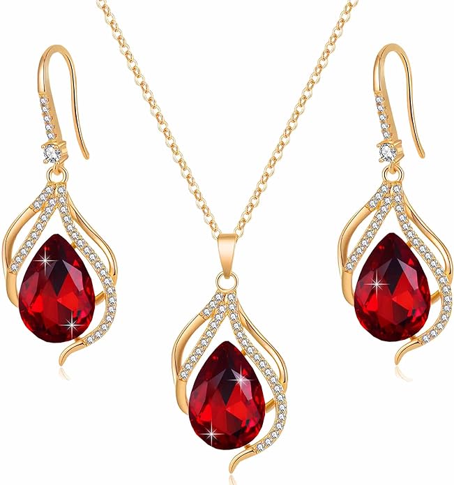 EVEVIC Austrian Crystals Teardrop Hollow Twisted Pendant Necklace Earrings for Women 14K Gold Plated Halo Drop Dangle Earrings Hypoallergenic Jewelry Set