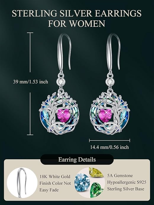 TOUPOP Tree of Life Birthstone Earrings for Women 925 Sterling Silver Family Tree Dangle Earrings Austrian Crystal Jewelry Birthday Christmas Gifts for Her Girlfriend Wife Mom