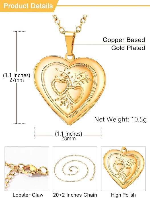 U7 Women Locket Necklace Platinum 14K Gold Photo Lockets that Hold Picture,Chain 20 Inch Personalized Gift Custom Love Heart Image Necklaces