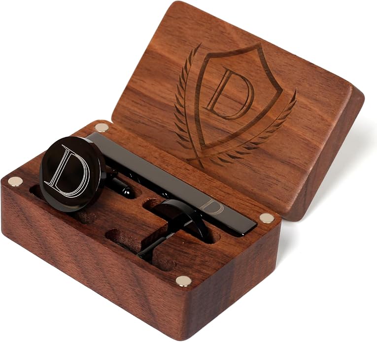 Mens Initial Cufflinks and Tie Clip A-Z Alphabet Letter Black Stainless Cuff Links Tie Bar with Engraved Walnut Wood Box Groom Groomsman Wedding Set