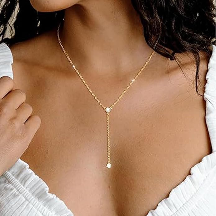 Zeffy Lariat Gold Necklace for Women, Dainty Long Necklace 14k Gold/Silver Plated Layered CZ Beaded Bar Chain Y-Shaped Body Chain Stack Drop Wedding Necklace Trendy Simple Gold Jewelry Gifts