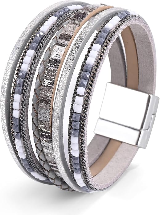 ENGCKSHI Wrapped Bracelets for Women,Leather Bracelet,Boho Bracelets for Women,Multi-Layer Pearl Crystal Bracelet Bangle Jewelry