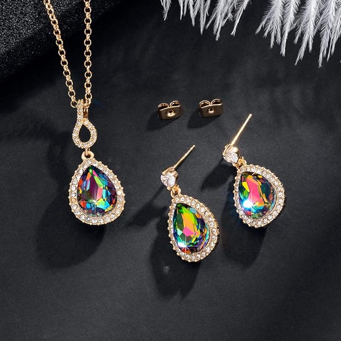 Austrian Crystals Teardrop Pendant Necklace Earrings for Women 14K Gold Plated Hypoallergenic Jewelry Set