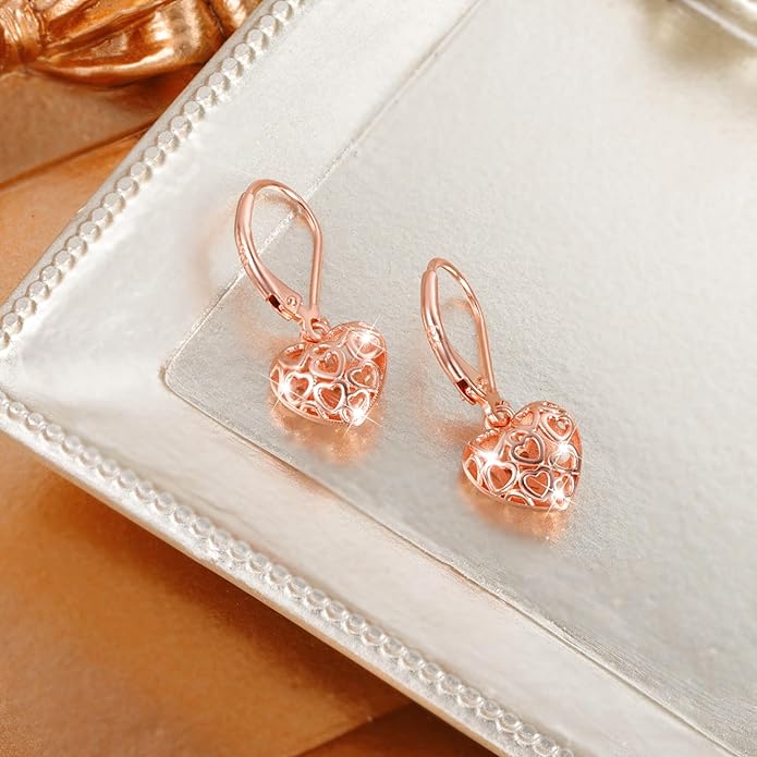 925 Sterling Silver 14K Gold French Style Leverback Earrings, Heart Dangle Drop Earrings for Women Hypoallergenic Jewelry