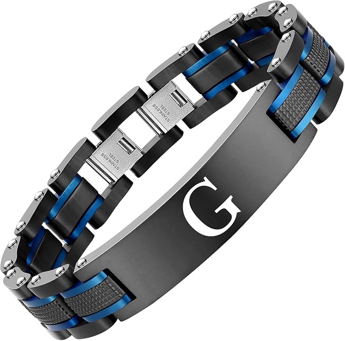 Men's initials bracelet - blue and black double spelling, men's bracelet stainless steel. Elegant and durable with gift box