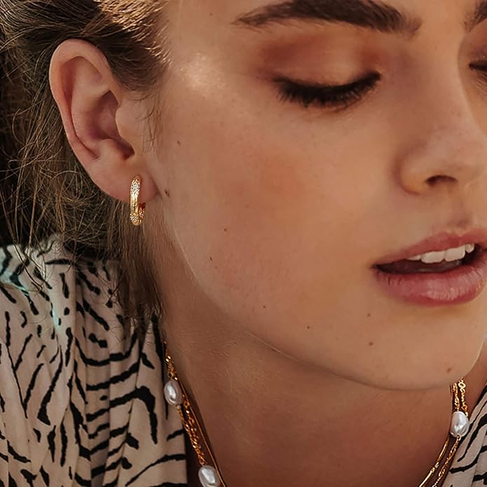 Gold Huggie Hoop Earrings 14K Gold Plated Dainty Chunky Thick Hoop Diamond Cubic Zriconia Inlay Sleeper Tiny Delicate Boho Beach Simple Hypoallergenic Jewelry Gift for Her