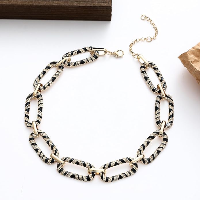Chunky Chain Necklace Geometric Links Collar Necklace, Animal Prints Black and White Enamelled with Rhinestone Embellished Details Women Gifts