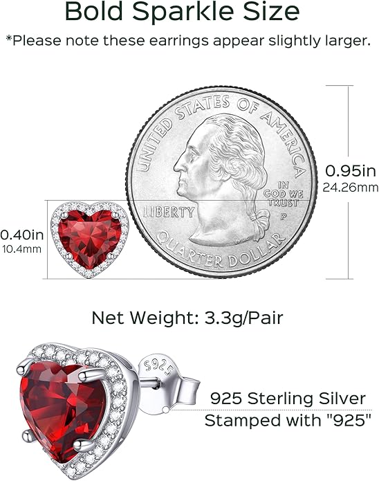 ChicSilver 925 Sterling Silver Birthstone Earrings for Women, 8MM/2 Carat Heart & Round Cubic Zirconia Stud Earrings, Hypoallergenic Jewelry, Ideal Birthday or Christmas Gifts