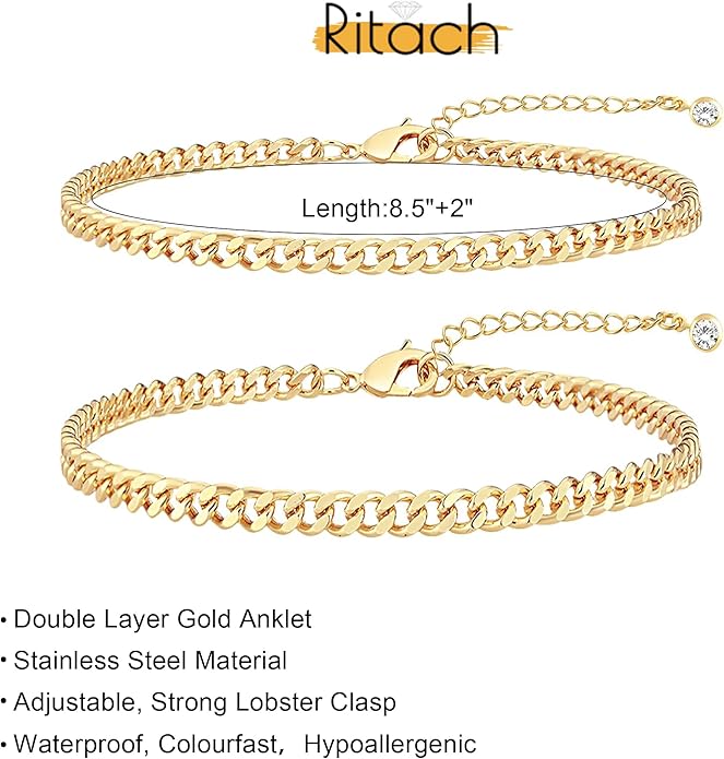 Ritach Ankle Bracelets for Women - Silver/Gold Plated Stainless Steel Anklets for Women Waterproof Layered Cuban Link Figaro Chain Heart Anklets Set Summer Beach Jewelry Gifts