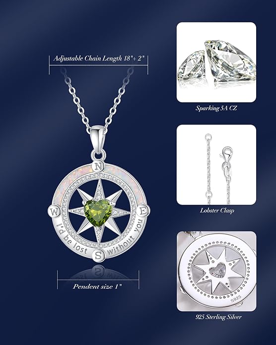 FANCIME Compass Necklace for Women Sterling Silver Compass Jewelry Opal Pendant Fine Jewelry Gemstone Birthday Mother's Day Gifts for Wife