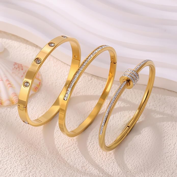 Gold Bracelets for Women - Stackable Bangles with Friendship & Love Theme - Stainless Steel Jewelry Gift for Her