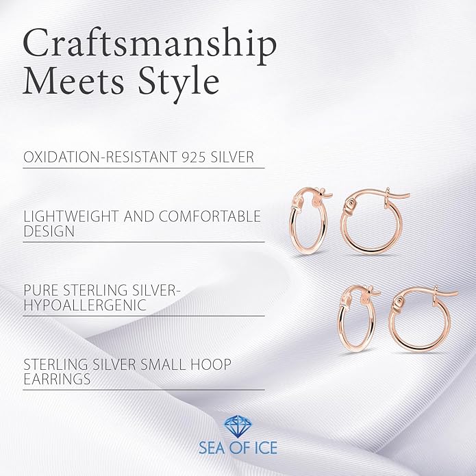 SEA OF ICE 925 Sterling Silver Hoop Earrings for Women - Hypoallergenic Earrings for Women in Sterling Silver, Yellow Gold, Rose Gold or Black Rhodium | Sizes 12MM, 15MM, 20MM or Multipack