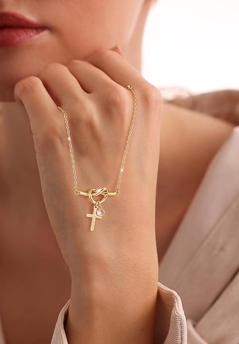 Moodear Christmas Gifts Sotcking Stuffers, Dainty 925 Sterling Silver/14k Gold Plated CZ Cross Bracelet Layered Snake Pearl Chain Knot Bracelets for Women Trendy Religious Christian Jewelry