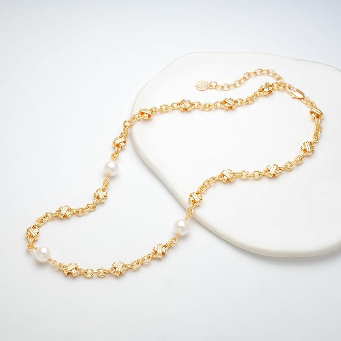 MTMY Beaded Necklaces for Women 14K Gold Plated Dainty Colorful Green/Rose Beaded Pearl Choker Necklace Delicate Boho Choker Necklace Jewelry Gift