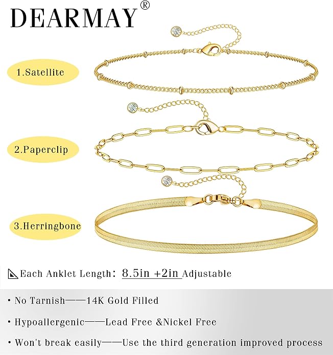 DEARMAY 14K Gold Plated Ankle Bracelets for Women Waterproof - Dainty 6Pcs Anklets Layered Cuban Link Chain Herringbone Cute Anklets Set Pack Summer Beach Jewelry Gift for Women Teen