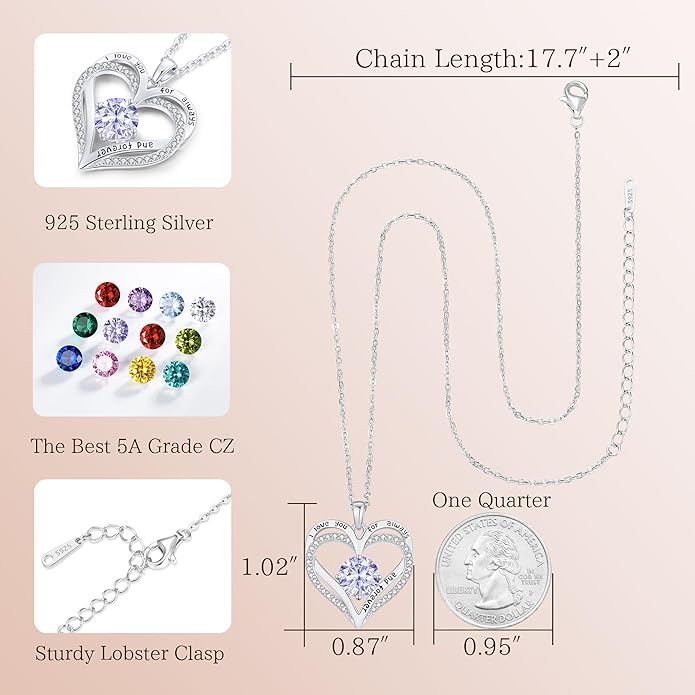 LOUISA SECRET Love Heart Birthstone Necklaces for Women, Birthday Gift for Girlfriend, Anniversary Jewelry Gift for Wife Her, 925 Sterling Silver Women Pendant Necklace, Mother's Day Christams Gift