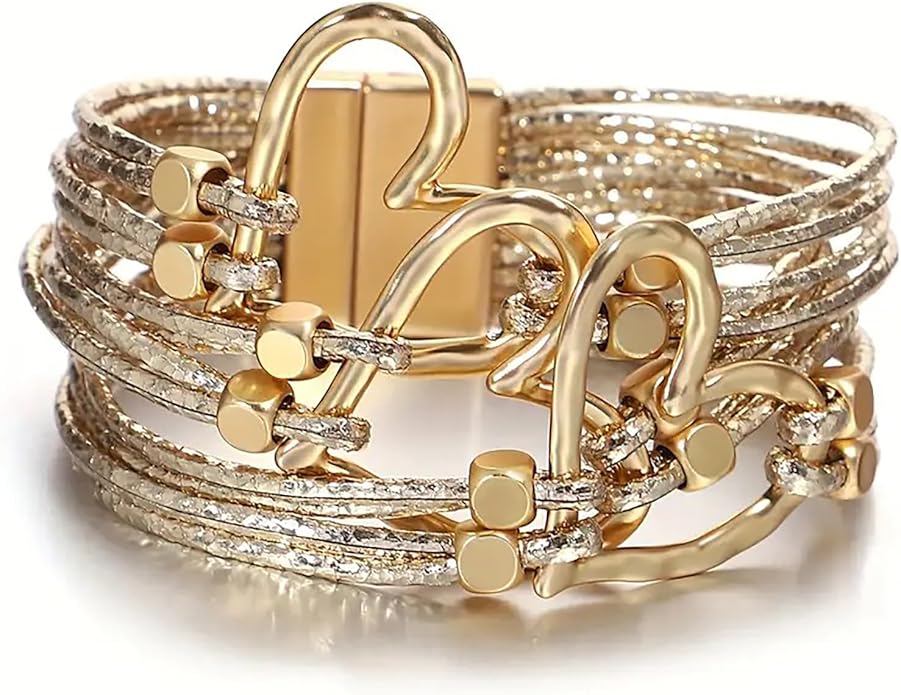 Fesciory Leather Wrap Bracelets for Women, Boho Leopard Multi-Layer Crystal Beads Cuff Bracelet Jewelry