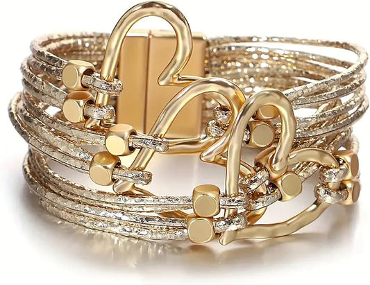 Fesciory Leather Wrap Bracelets for Women, Boho Leopard Multi-Layer Crystal Beads Cuff Bracelet Jewelry