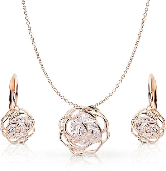 Crystalline Azuria Women 18K Gold Plated White Crystal Roses Flowers Necklace and Earrings Set for Women Wedding Party Bridal Bridesmaid Accessories