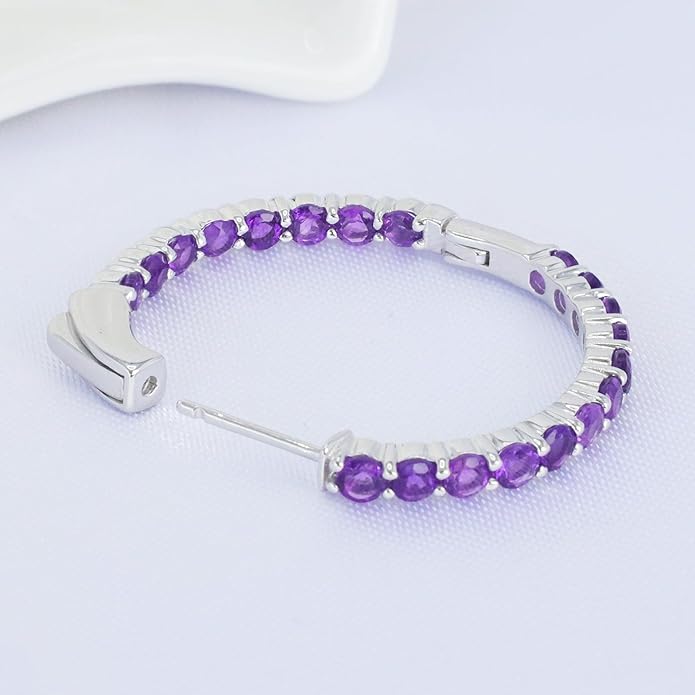 Hoop Earrings with 40 Colored Gemstones, Birthstone Earrings, 925 Sterling Silver Rhodium Plated, Push Back Closure, 1.18'