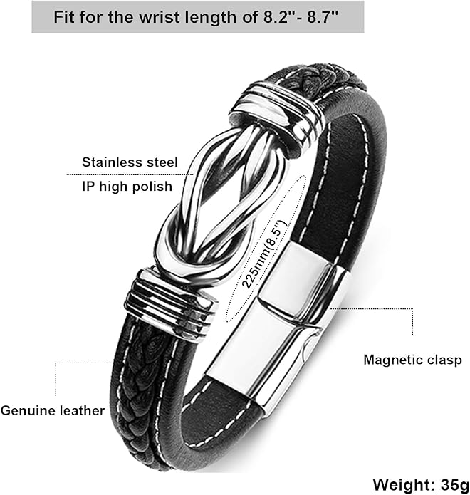Mens Leather Bracelet,Braided Leather Wristband Cuff Bracelets Stainless Steel Clasp,Jewellery Gift for Men