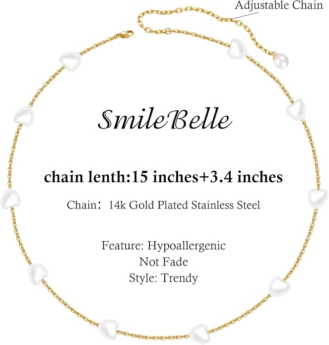 SmileBelle Pearl Necklaces for Women, Daisy Pearl Choker as Y Shaped Pearls Jewelry Gold Heart Necklace for Anniversary Birthday Gifts White Baroque Necklace as Wedding Jewelry