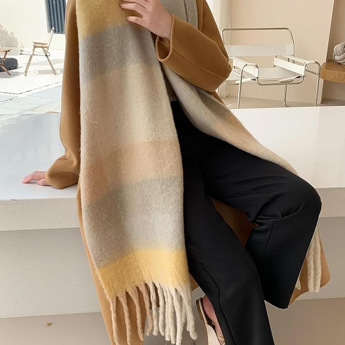 SHOHOKU Large Chunky Plaid Scarf Coloured Checked Oversized Scarf Tassel Soft Fall Winter Thick Warm Shawl Women