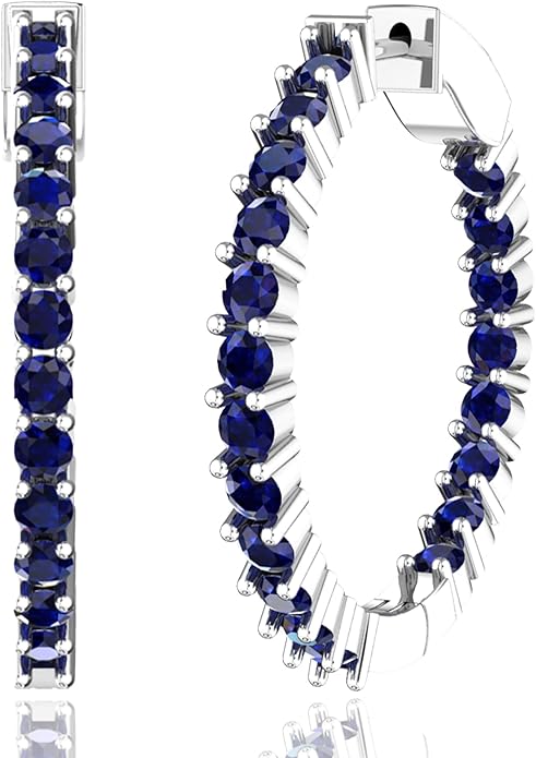 Hoop Earrings with 40 Colored Gemstones, Birthstone Earrings, 925 Sterling Silver Rhodium Plated, Push Back Closure, 1.18'