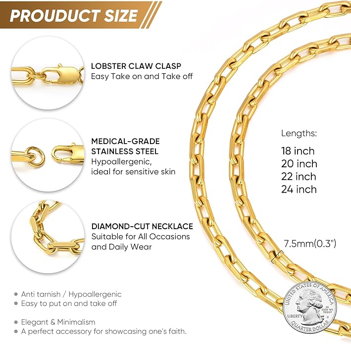 VNOX Silver Paperclip Necklace for Men, 7mm Solid Diamond-Cut Chunky Stainless Steel Anchor Link Chain Mens Necklaces Jewelry Gifts for Men Dad Boyferiend, 18/20/22/24 Inchs