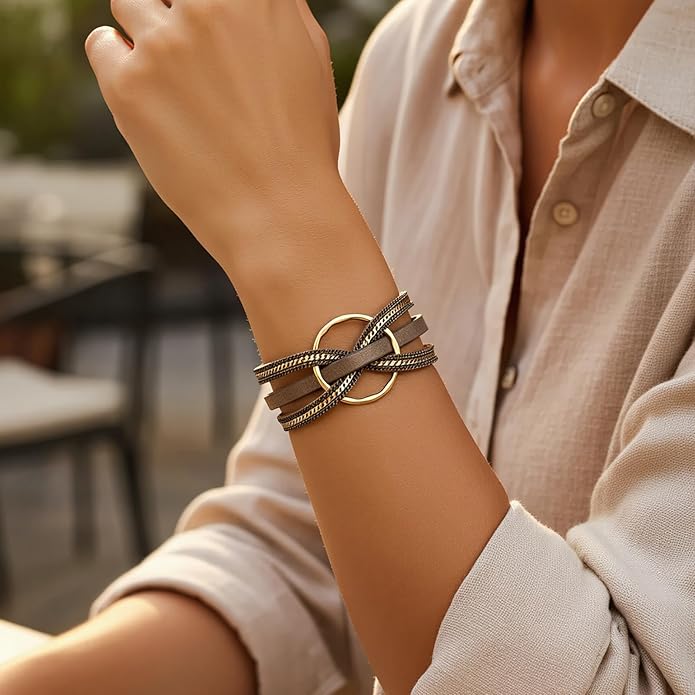 Edoneery Leather Wrap Bracelet for Women, Boho Handmade Multi-Layer Cuff with Crystal Beads Heart, Stackable Bangle Western Jewelry Gift