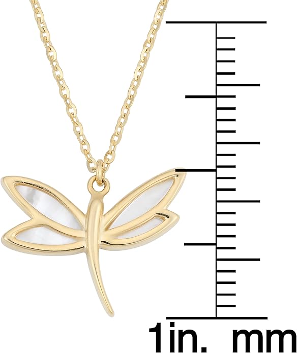Kooljewelry 14k Yellow Gold Mother of Pearl Dragonfly Necklace (18 inch)