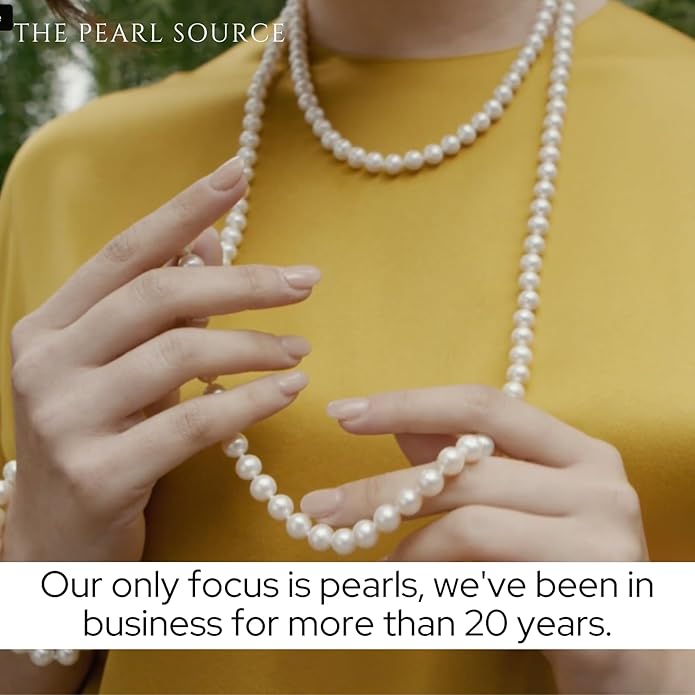 The Pearl Source 14K Gold AAA Quality Round White Freshwater Cultured Pearl Necklace for Women in 20" Matinee Length