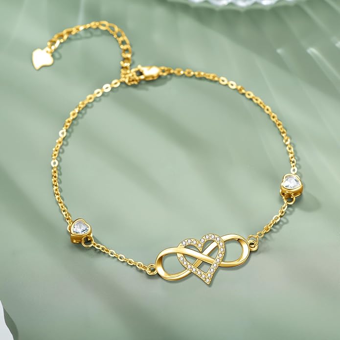 Dorunmo Infinity Bracelet Mom Bracelet 925 Sterling Silver 14K Gold Plated Infinity Heart Anklet for Women Christmas Jewelry Gifts for Wife Mom Daughter