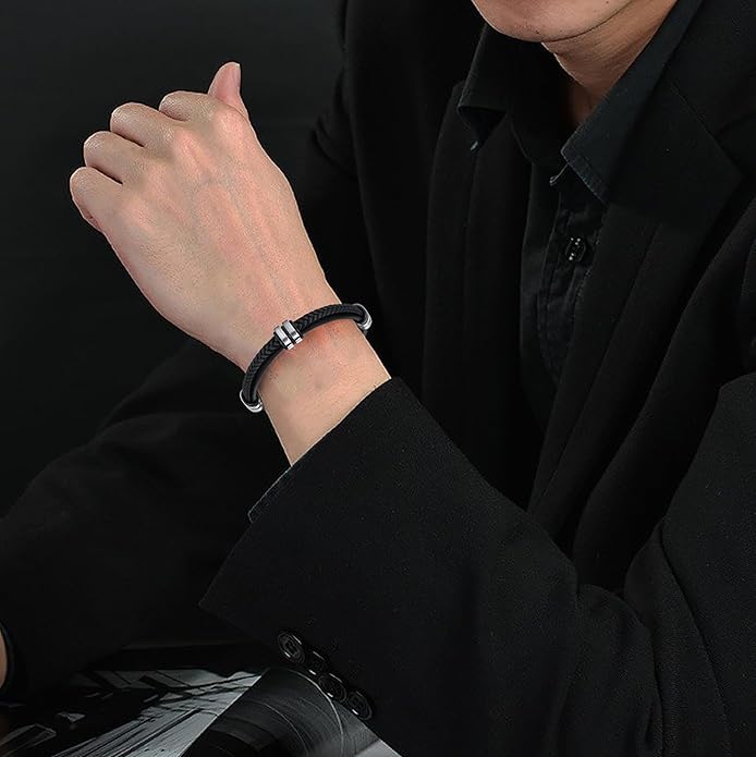 Leather Bracelet for Men with Adjustable Stainless Steel Magnetic Clasp Multi-Layer Braided Mens Leather Bracelet