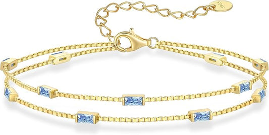 LOUISA SECRET Birthstone Bracelets for Women, 925 Sterling Silver Dainty Simple Women Charm Link Bracelet, Birthday Anniversary Jewelry Gifts for Women Wife Mom Her