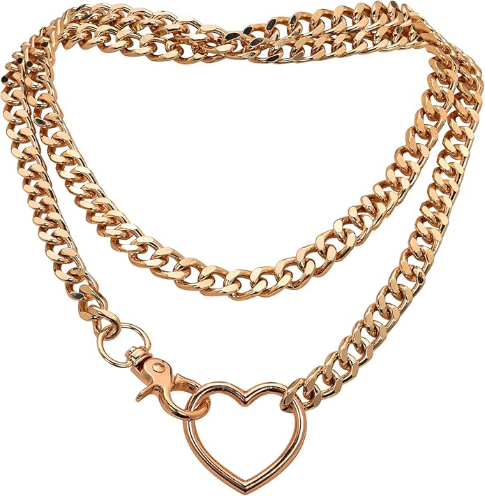 Chunky Gold Choker Necklaces for Women, Long Gold Chain Heart Necklace, 36 Inches Slip Chain Adjustable Lariat Heart Y Necklace for Women and Men, Goth Chunky Heart Necklace Jewlery Gifts