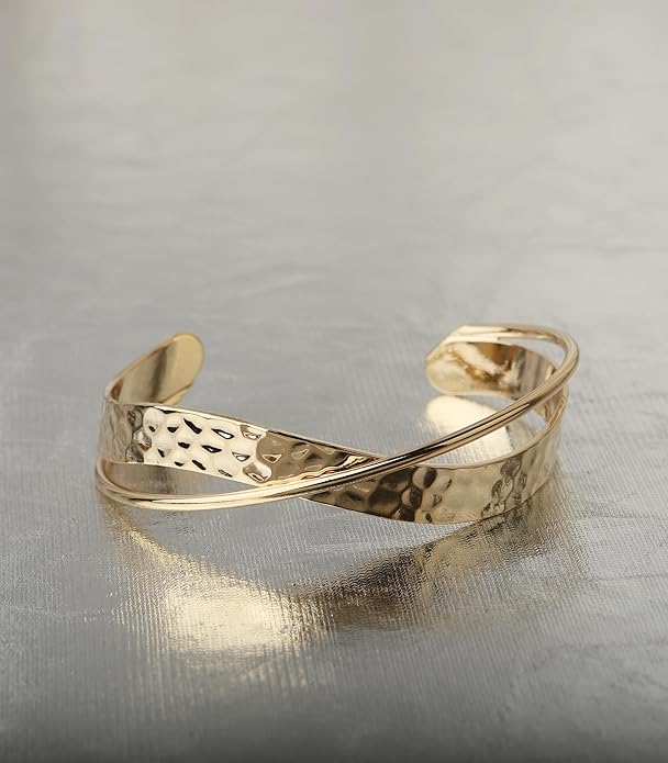 OZEL – Women’s Gold Cuff Bracelets – 18K Gold Plated Textured Bangles with Multi-Color Crystal & Rhinestone Accents – Layered Stacking Jewelry