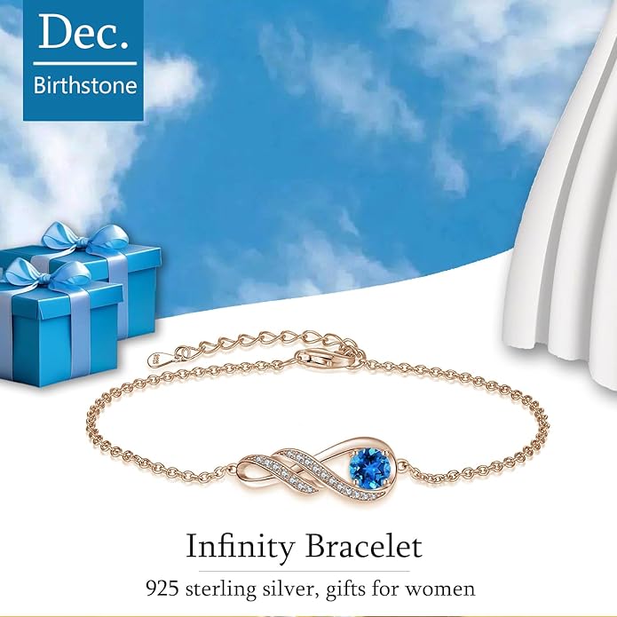 Birthstone Bracelets for Women 925 Sterling Silver Created Gemstone Bracelet Infinity Pendant Jewelry for Her, 6.7"+1.2"