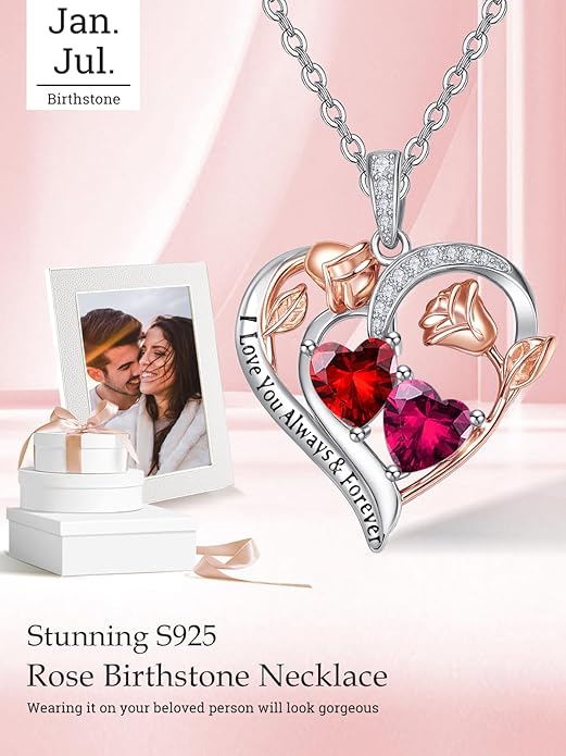 Zeuslia Double Birthstone Necklace Gifts for Wife - 925 Sterling Silver Sunflower/Rose/Crown Cross/Compass/Heart Pendant I Love You Necklace, Anniversary Birthday Gifts for Wife Girlfriend Mom Her
